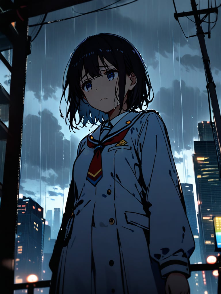 1girl, sad, detailed expression, standing, wearing school uniforn, wet, outdoor, sad, raining, city background, cloudy night, view from below, very imotional