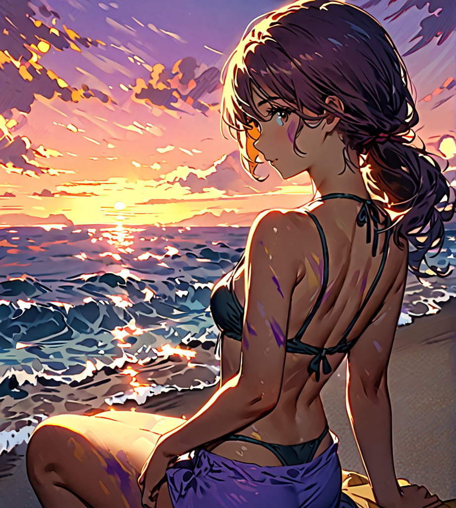 A serene beach scene at sunset. A young woman, wearing a stylish bikini, stands with her back to the viewer, gazing out at the vast ocean. Her hair is gently tousled by the breeze, and the golden light of the setting sun casts a warm glow on her skin. In the distance, gentle waves lap at the shore, and the sky is painted with shades of orange, pink, and purple. The scene exudes a sense of calm and relaxation, capturing the beauty of both the girl and the natural surroundings.