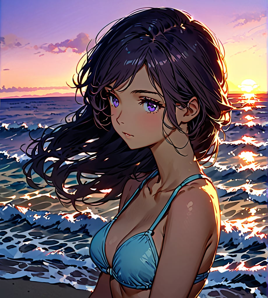 A serene beach scene at sunset. A young woman, wearing a stylish bikini, stands with her back to the viewer, gazing out at the vast ocean. Her hair is gently tousled by the breeze, and the golden light of the setting sun casts a warm glow on her skin. In the distance, gentle waves lap at the shore, and the sky is painted with shades of orange, pink, and purple. The scene exudes a sense of calm and relaxation, capturing the beauty of both the girl and the natural surroundings.