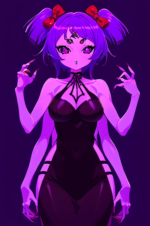 Highly detailed, Master Piece, beautiful, (medium long shot), 1girl, solo, spider woman, monster girl, a pose, A bipedal spider girl monster with six arms, purple skin, and six black spider eyes. She has long legs and sharp, claw-like nails. Her eyes are symmetrically arranged on her forehead and cheeks, giving her a wide field of vision.

,Muffet,nami_post,aketa mikoto