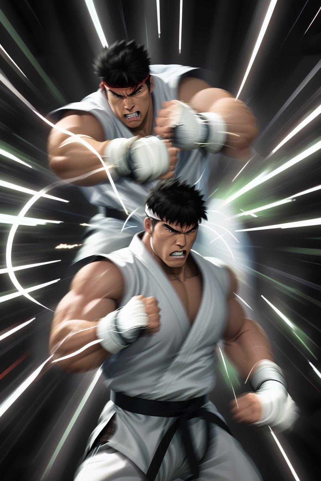 masterpiece,4K,best quality,(visual appeal),ryu \(street fighter\),((upper body)),(black hair,short hair,detailed face,detailed eyes),red headband,white dougi,sleeveless,(torn clothes),white dojo pants,black martial arts belt,red fingerless gloves,muscular,(standing),fighting stance,dynamic angle,dynamic pose,intense face,angry,clenched teeth,(((motion blur,motion lines))),(glowing,electricity,east asian architecture),((IncrsPunchMeme)),((punches)),