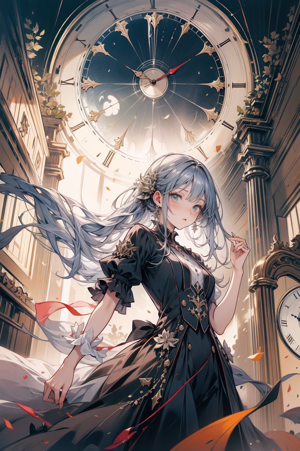 (personification,clock),Personification of clock,masterpiece,absurdres,original,dreamy background,visual appeal,excellent composition,wide shot,dynamic angle,dynamic pose,metallic feel,metal reflective,from below,