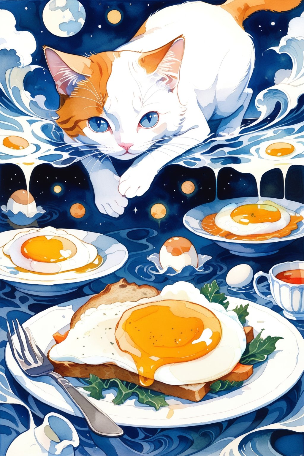 (optical illusion),(masterpiece,best quality),(aesthetic,perfect composition),(combine white cat,orange cat,poached eggs.) (connect these elements together),(Rob Gonsalves style,M.C. Escher style),Deformed,watercolor \(medium\),