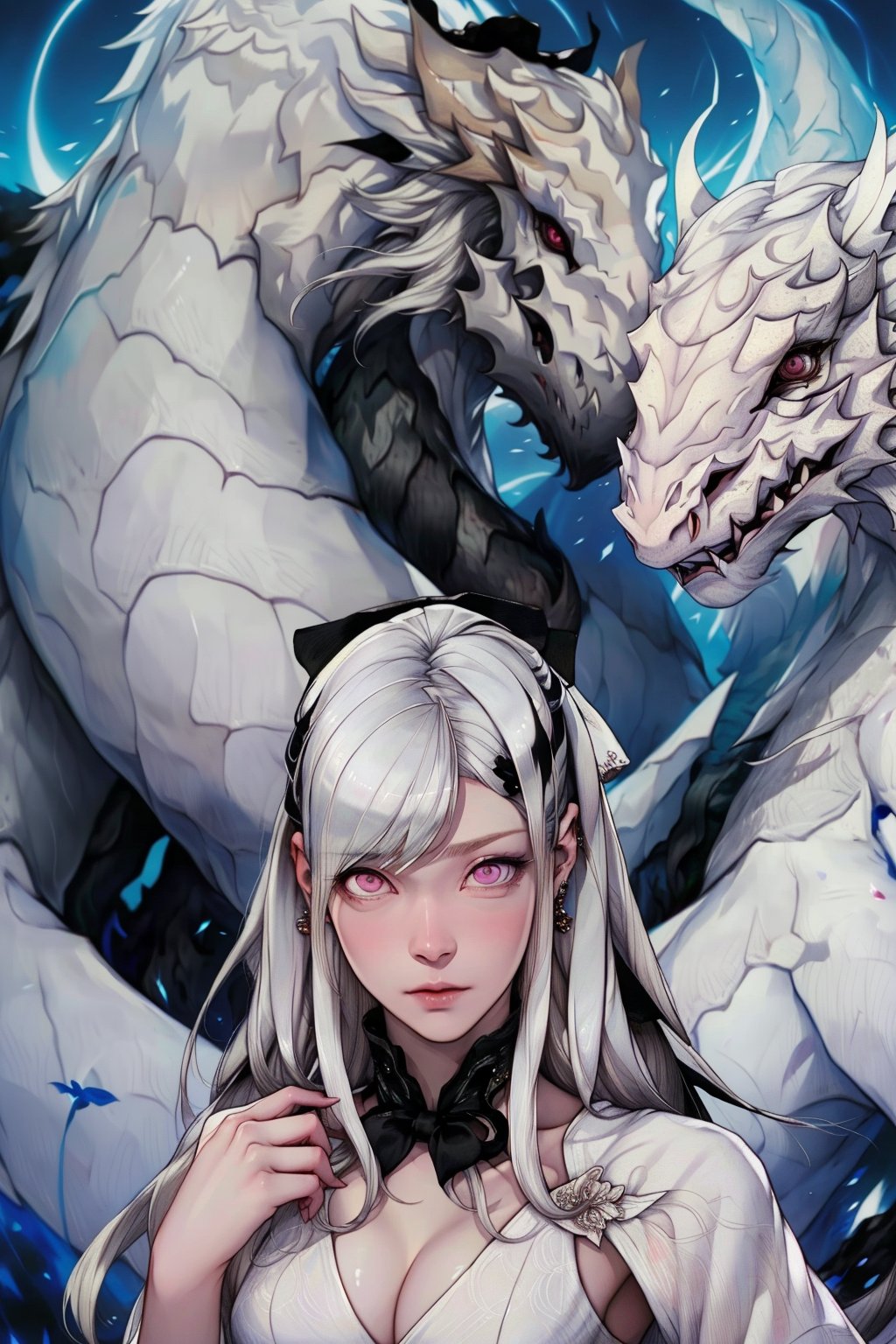 ((masterpiece,4K,best quality)),(mikhail \(drakengard 3\)),dragon,white scales,white skin,no humans,architecture, BREAK,1girl,zero\drakengard 3\,(((white hair))),((black hair bow)),(long hair),white dress,girl and dragon,(extremely detailed face),((extremely detailed eyes)),pink eyes,piercing eyes,