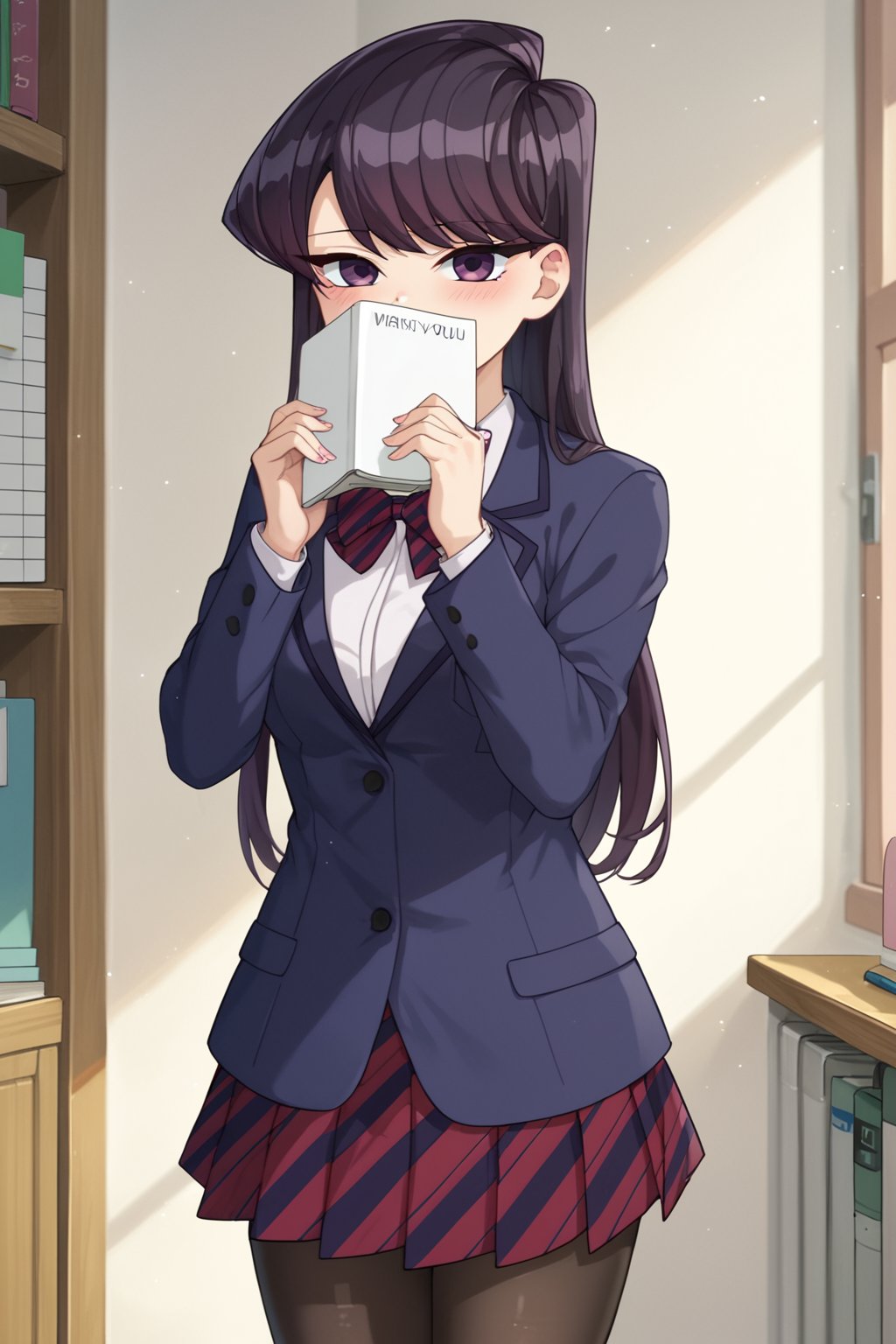 score_9, score_8_up, score_7_up, source_anime,(detailed eyes),komi shouko\,shouko komi\komi can't communicate\,cowboy shot,1girl,((with girl two hands holding notebook)),((with the text as "thank you")),(big notebook),(open notebook),(show notebook),(notebook covering mouth),two hands up,english text,long hair,bangs,black hair,purple eyes,striped bow tie,dark blue blazer,white shirt,long sleeves,pleated skirt,black pantyhose,blush,red and black striped bow tie,red and black striped pleated skirt,thighband pantyhose,miniskirt,style_brush,