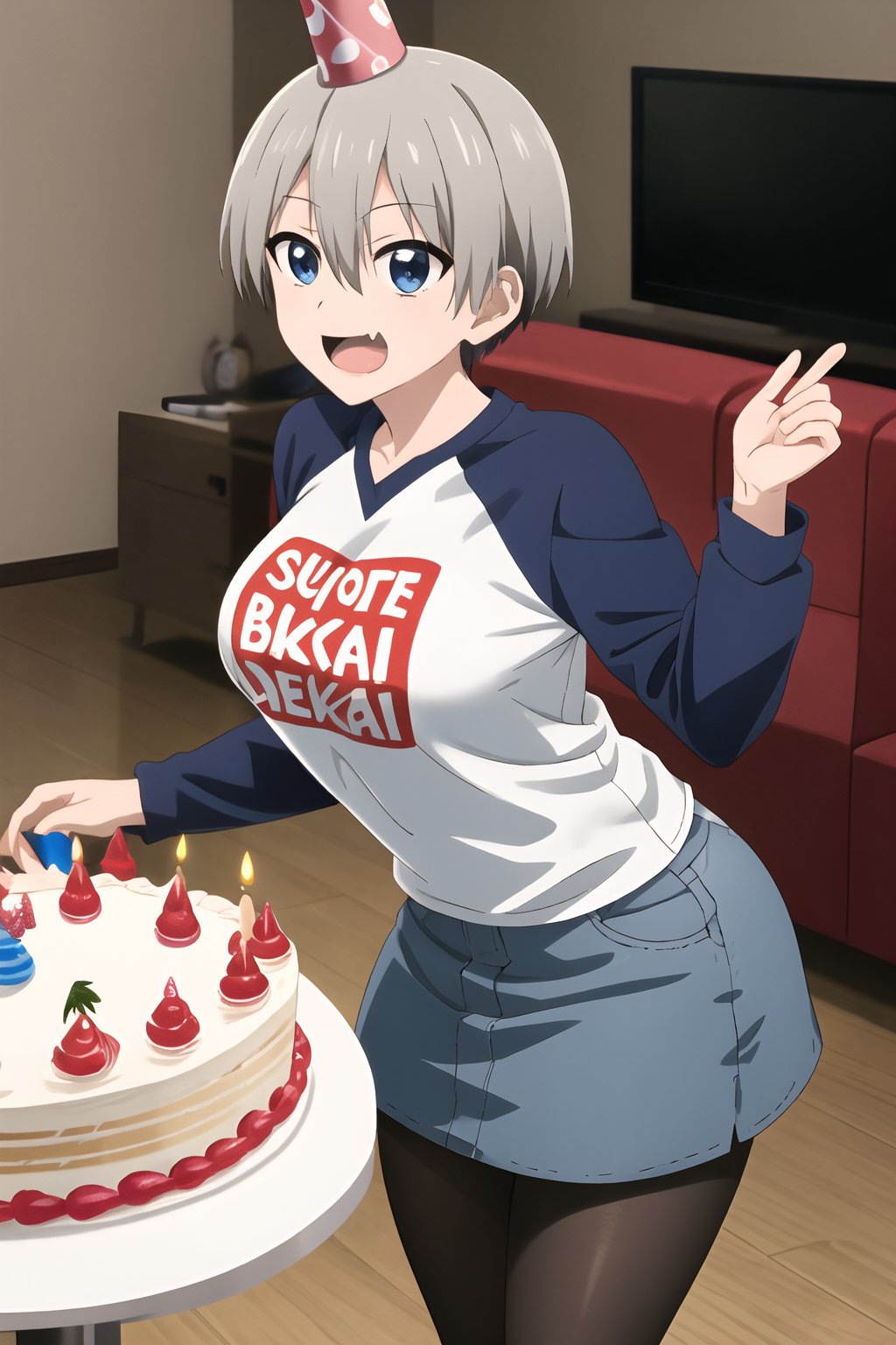 Hana Uzaki\,Uzaki Hana\,Uzaki-chan Wants to Hang Out\,1girl,large breasts,short hair,blue eyes,bangs,skin fang,grey hair,hair between eyes,t-shirt,raglan sleeves,t-shirt text("SUGOI DEKAI"),romaji text,clothes writing,long sleeves,denim skirt(short skirt),black pantyhose,fang,standing,birthday cake,living room,table,party hat,8k Ultra HD,detail processing,
