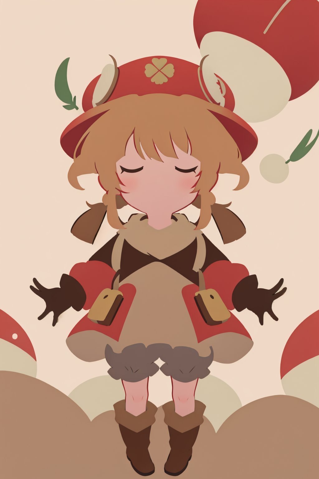 (anime minimalist),klee_genshin,masterpiece,little girl,brown scarf,clover print,hat feather,long sleeves,red coat,dress,bloomers,brown gloves,brown boots,randoseru,pocket,bag charm,no facial features,explode,open arms,