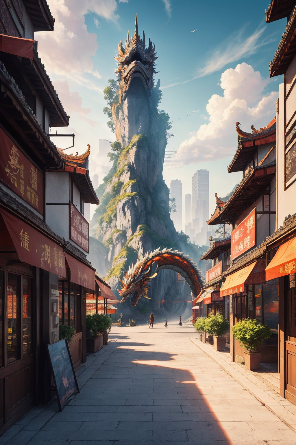 fantasy,Chinese dragon,modern city,detail processing,extremely excellent composition,8k Ultra HD, Multi-Layered Textures,visual appeal,