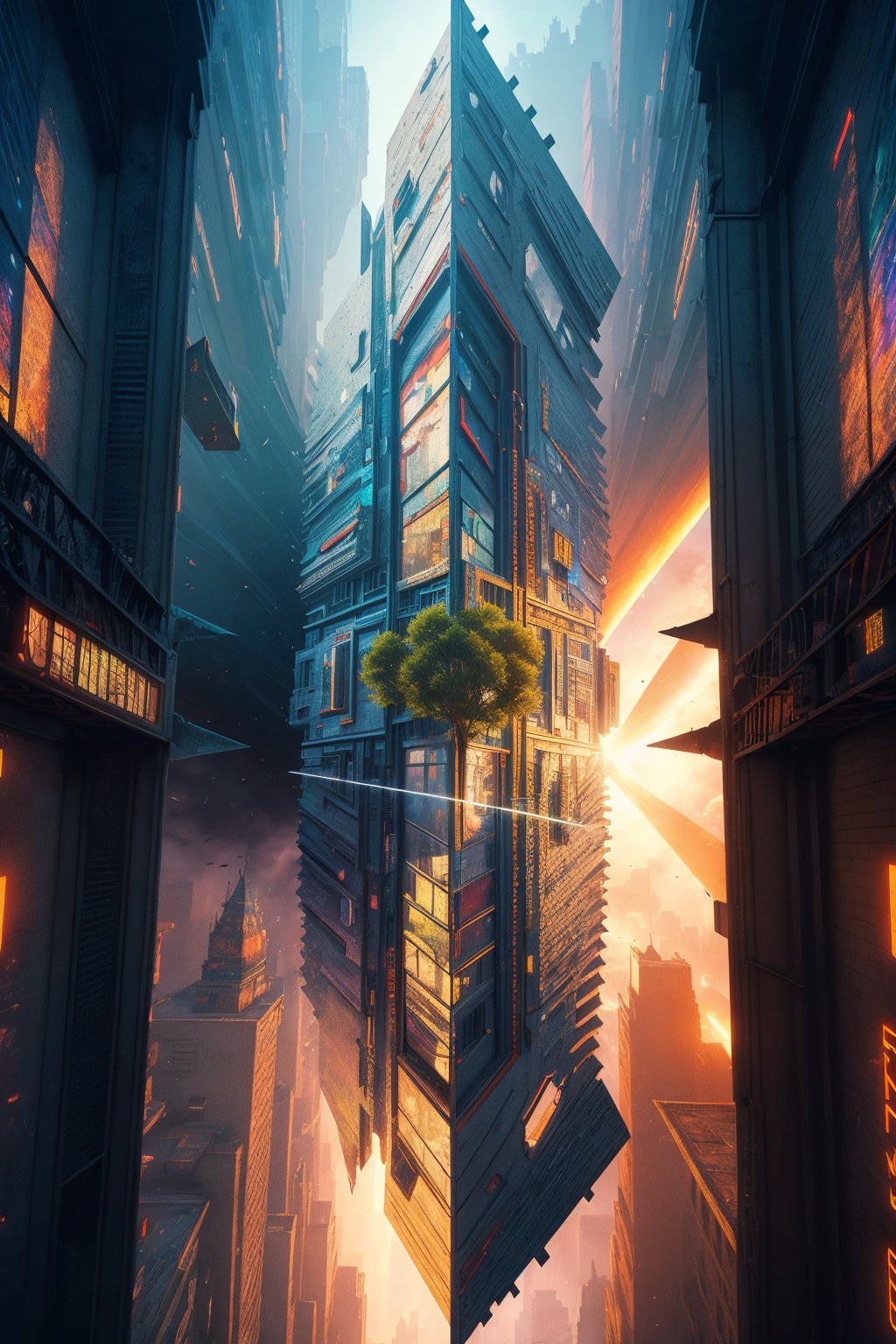 multiple,flip,fold,mirror,spiral,split,distortion,kaleidoscope,another dimension,(science fiction: 1.4),(fantasy: 1.4),semi realistic,concept,city,break the rules,instagram picture,no humans,fold city,wide shot,detail processing,extremely excellent composition,8k Ultra HD, Multi-Layered Textures,visual appeal,Inception(movie),Doctor Strange(movie),