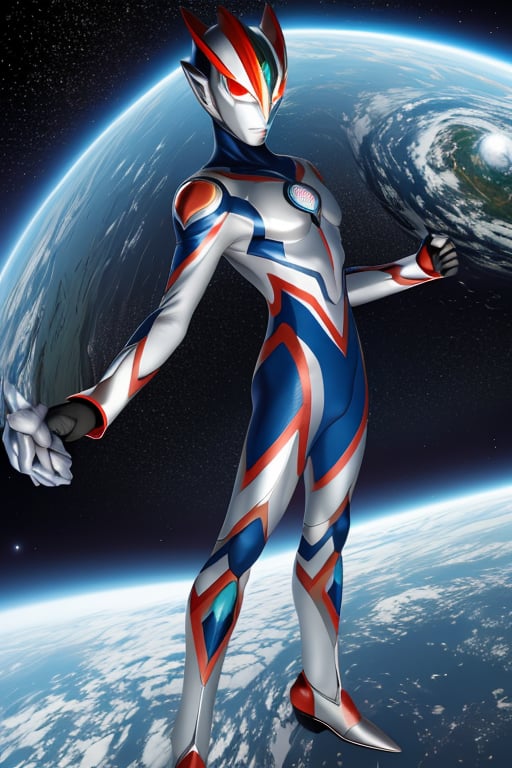 masterpiece,4K,best quality,(ultraman),(ultraman focus),(360 degrees photo to tiny planet),from above,360picture,(little planet),concept art,(standing on the planet),pose,(((hold one hand high))),(make a fist),round planet,(universe),star,