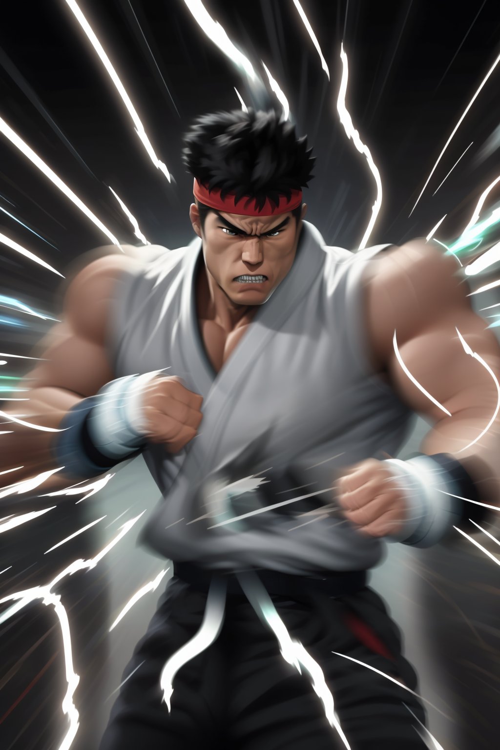 masterpiece,4K,best quality,(visual appeal),ryu \(street fighter\),((upper body)),(black hair,short hair,detailed face,detailed eyes),red headband,white dougi,sleeveless,(torn clothes),white dojo pants,black martial arts belt,red fingerless gloves,muscular,(standing),fighting stance,dynamic angle,dynamic pose,intense face,angry,clenched teeth,(((motion blur,motion lines))),(glowing,electricity,east asian architecture),((IncrsPunchMeme)),((punch)),