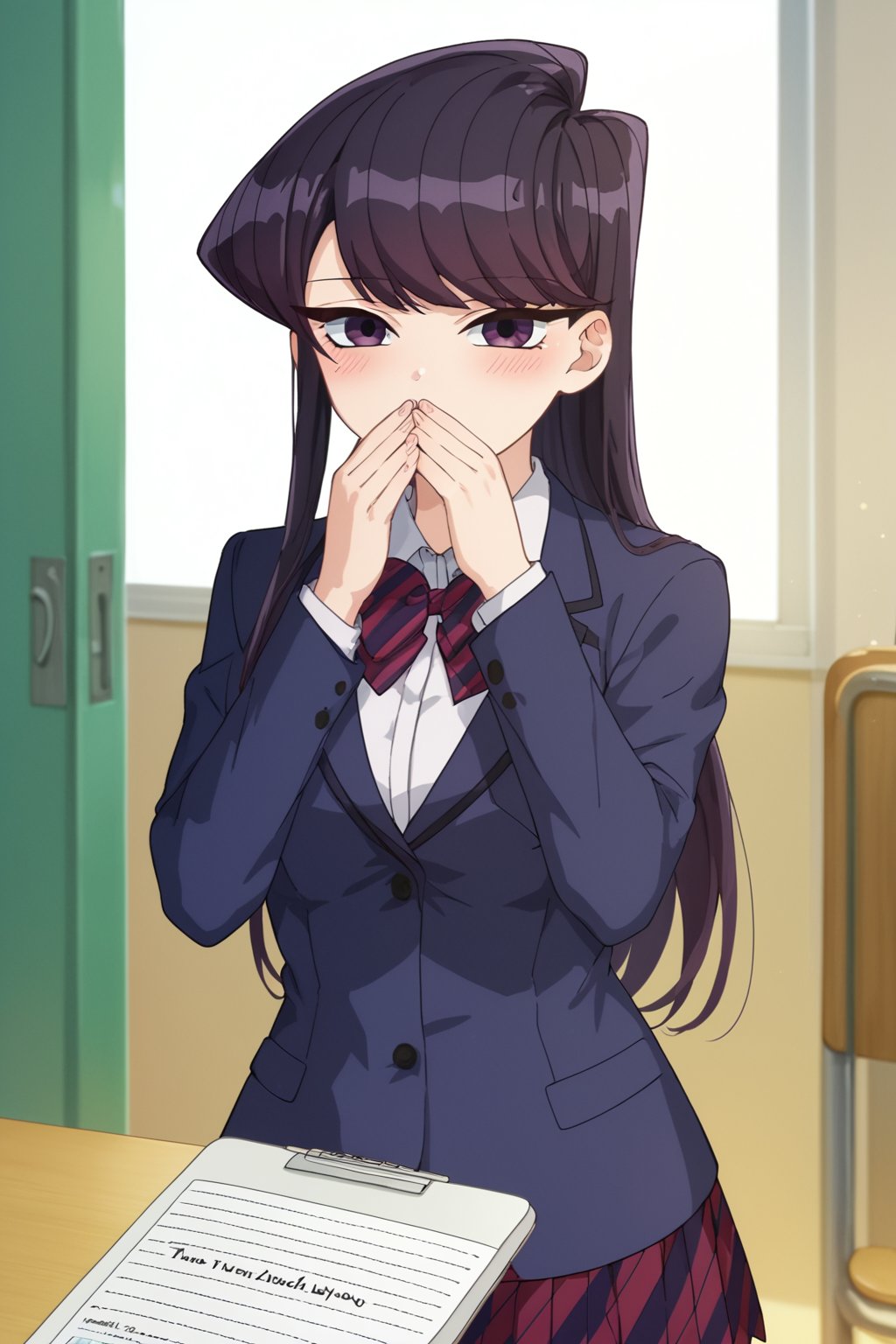 score_9, score_8_up, score_7_up, source_anime,(detailed eyes),komi shouko\,shouko komi\komi can't communicate\,1girl,cowboy shot,notebook with text as "thank you",long hair,bangs,black hair,purple eyes,striped bow tie,dark blue blazer,white shirt,long sleeves,pleated skirt,black pantyhose,blush,notebook covering mouth,red and black striped bow tie,red and black striped pleated skirt,thighband pantyhose,miniskirt,((two hands holding notebook)),(open notebook),english text,two hands up,(show notebook),(notebook with text as "thank you"),style_brush,