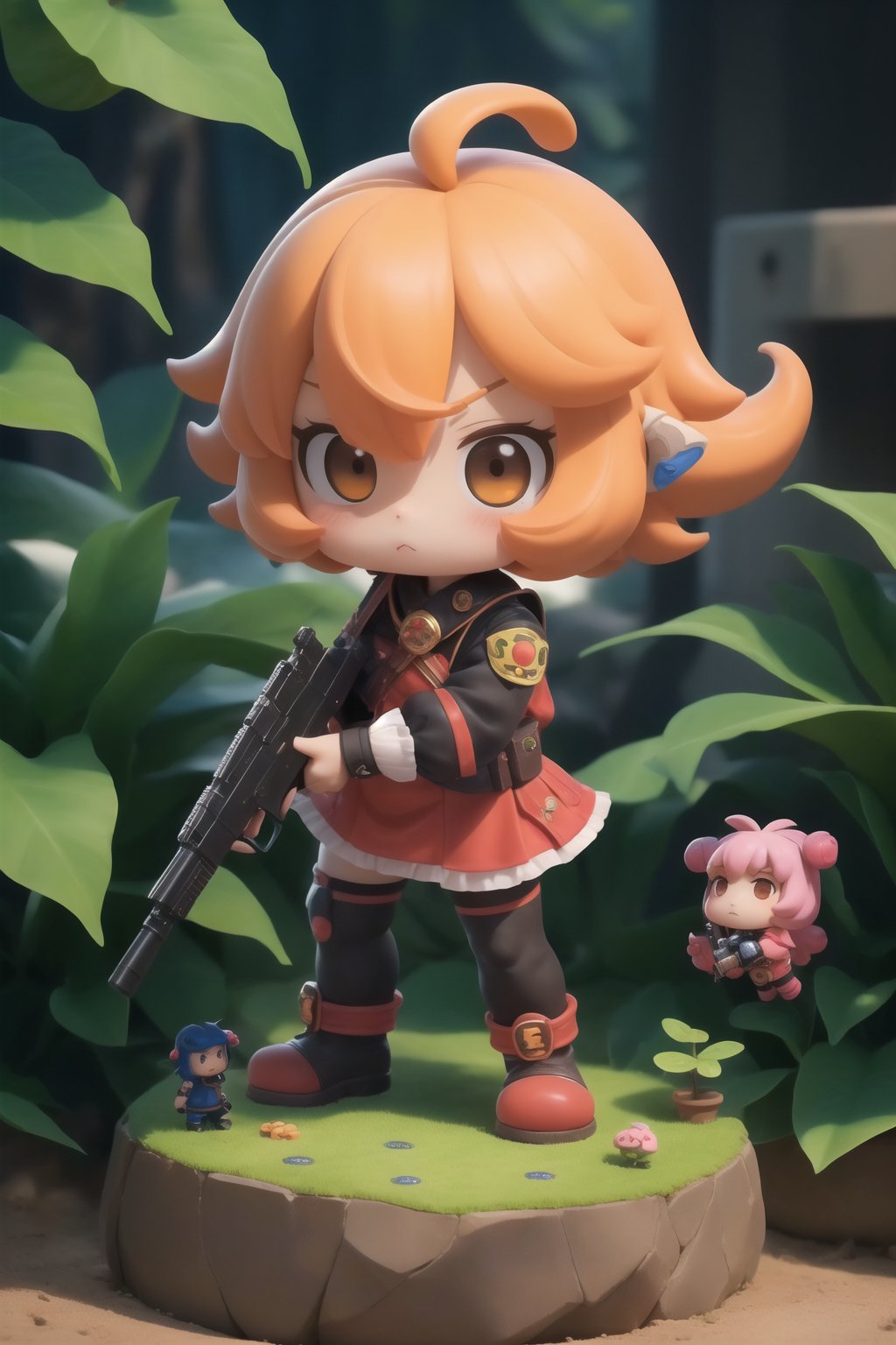 score_9,score_8_up,score_7_up, ,masterpiece,4K,best quality,a Q version character holding a huge pistol,chibi,kawaii,cute,innocent expression,matte role,miniature garden,huge pistol,petite character,slain monster,