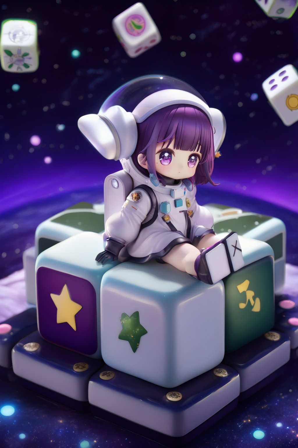 (1girl,little girl,girl focus),full body,kawaii,astronauts,(two giant mahjong),(with little girl sits on the giant mahjong tile),starry sky background,masterpiece,4K,best quality,fantasy,concept,(detailed eyes),meticulous,detail processing,((PVC Style)),space suit,spacesuit helmet,purple hair,purple eyes,(half open eyes),