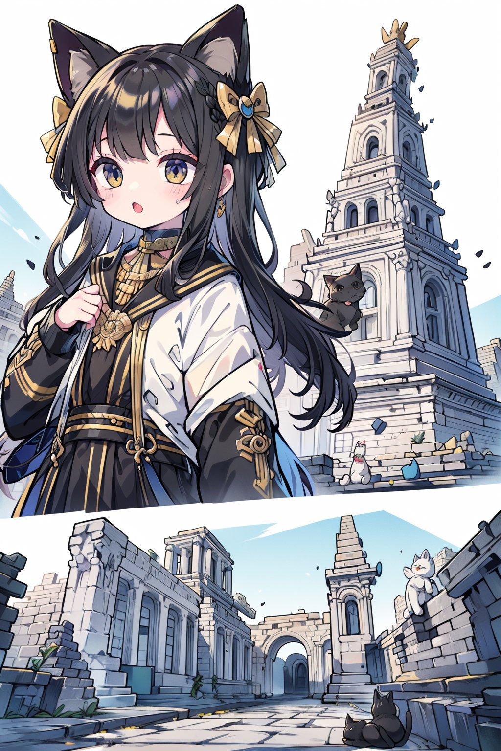 (detail processing: 1.2),egypt theme background,egyptian characteristics,egypt,desert,worn stone pedestal amidst ancient temple ruins,ancient temple ruins,blue and gold hieroglyphics,tuya,anime chibi style,chibi,master's masterpiece,high resolution,absurdres,clear,excellent composition,cats,cutes,(multiple cats: 1.2),detailed filling,