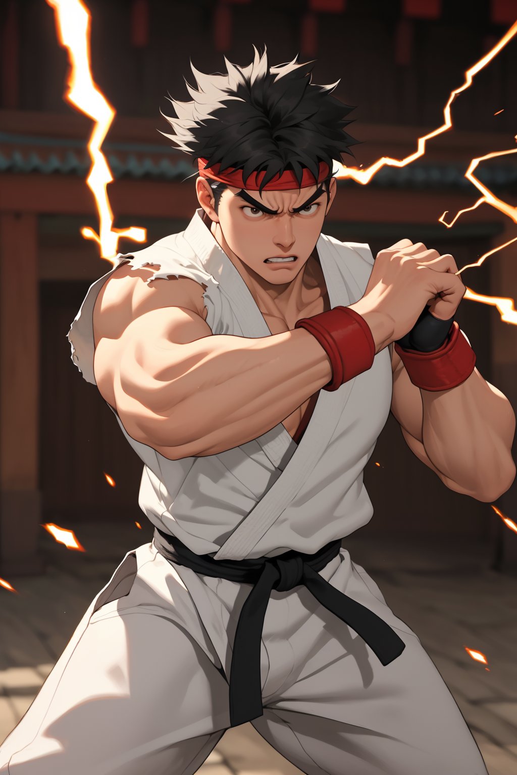 masterpiece,4K,best quality,(visual appeal),ryu \(street fighter\),(cowboy shot,black hair,short hair,detailed face,detailed eyes),red headband,white dougi,sleeveless,(torn clothes),white dojo pants,martial arts belt,red black fingerless gloves,barefoot,muscular,(standing),fighting stance,dynamic angle,dynamic pose,intense face,angry,clenched teeth,(motion blur,motion lines,mature,experienced,strong,glowing,electricity,east asian architecture),