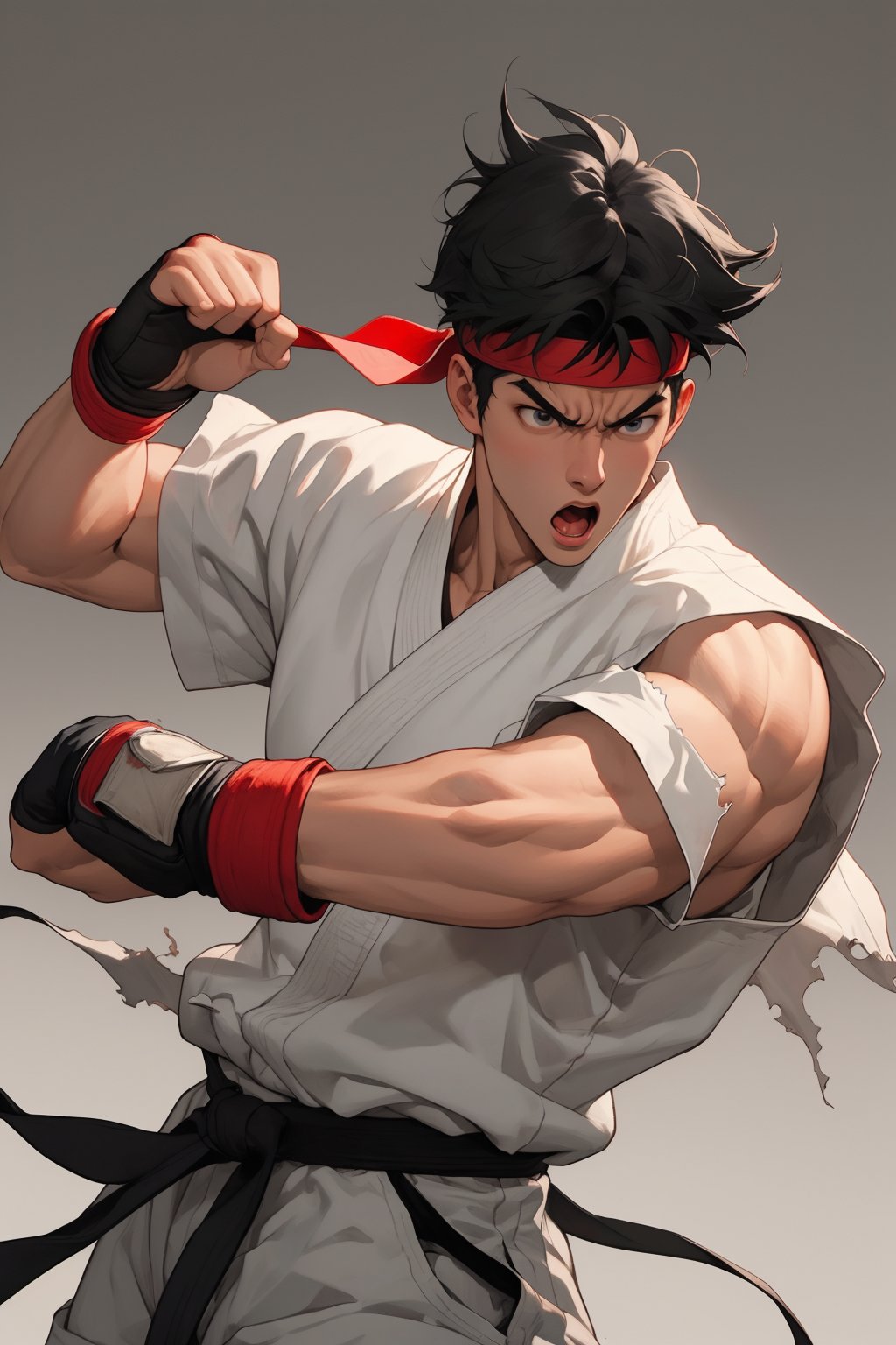 masterpiece,4K,best quality,(visual appeal),ryu \(street fighter\),(cowboy shot,short black hair,short hair,detailed face,detailed eyes),red headband,white dougi,sleeveless,(torn clothes),white dojo pants,red martial arts belt,black fingerless gloves,barefoot,muscular,standing,fighting stance,dynamic angle,dynamic pose,intense face,angry,open mouth,(glowing,Chinese landscape painting background,mature,strong),