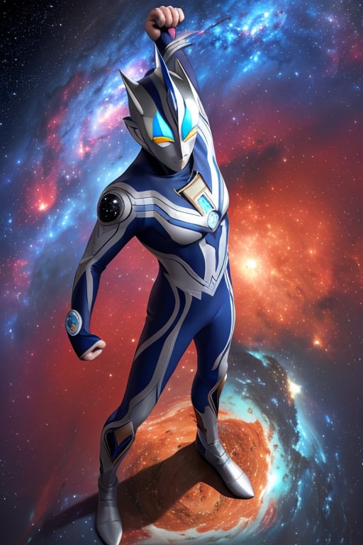 masterpiece,4K,best quality,(ultraman),(ultraman focus),(360 degrees photo to tiny planet),from above,360picture,((little planet)),concept art,standing on the planet,(appearance pose),((hold one hand high)),make a fist,round planet,entrance move pose,signature move,universe,star,nebula,