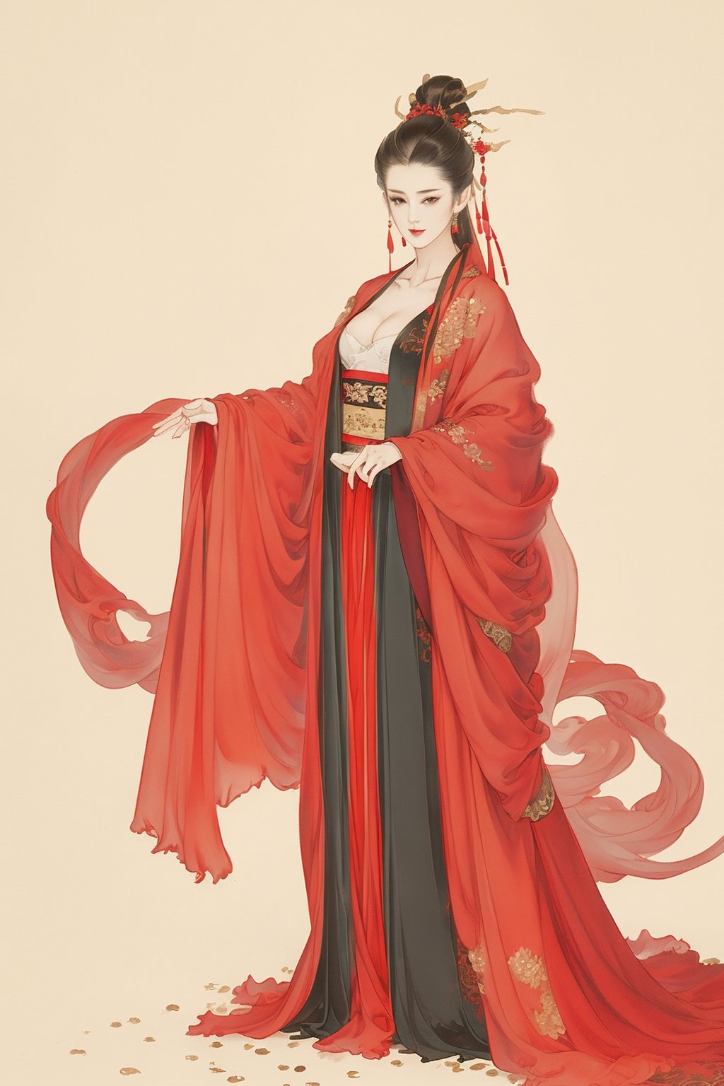 ((4k,masterpiece,best quality)),white,traditional chinese ink painting,1girl,((full body)),very long hair,hanfu,maxiskit,cleavage,((chiffon)),original,visual appeal,elegant posture,snow scene,((detailed filling)),