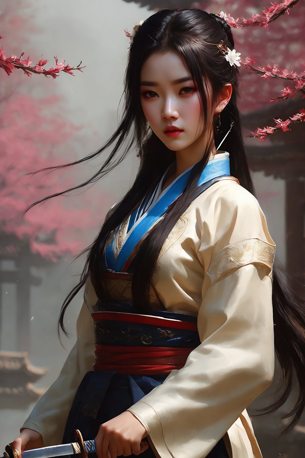 cowboy shot,(aesthetic),(perfect composition),(beautiful female fingers),(beautiful and heroic,cool and determined),(1girl,wuxia,detailed eyes,piercing eyes,ancient chinese swordsman costume),(perfect sword,metal reflective),(graceful posture),(beautiful rendering effect),(flying catkins effect,beautiful blur rendering),holding sword,emo,Expressiveh,concept art,qingyi,long black hair,hair ornament,3d,