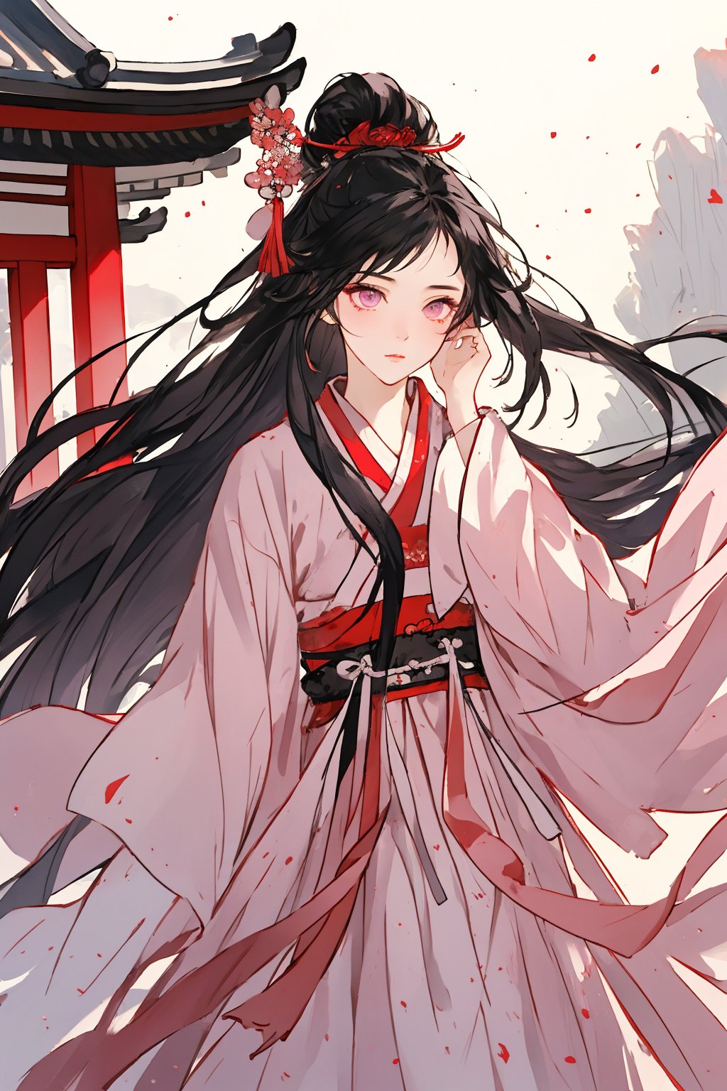 1 girl,east asian architecture,delicate facial features,aethetic,extremely excellent composition,8k Ultra HD,deep eyes,demure,pink hanfu,extremely detailed eyes,visual appeal,dynamic angle,wind,floating hair,adjusting hair,east asian architecture,adjusting hair,black hair,