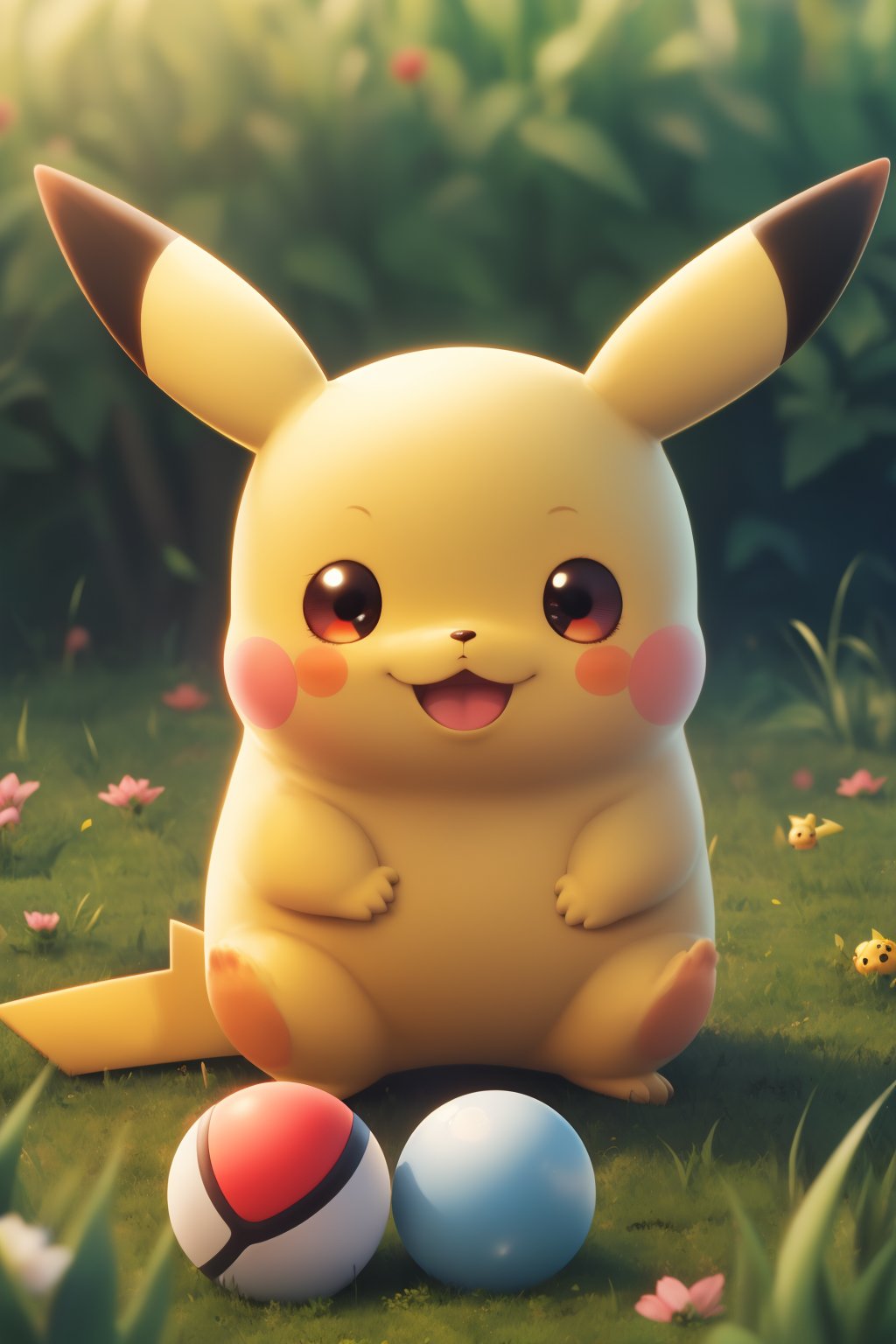 4K,masterpiece,best quality,create the cutest pikachu,pikachu\(pokemon\),holding,poke ball \(basic\),holding a poke ball,no humans,grass,flowers,