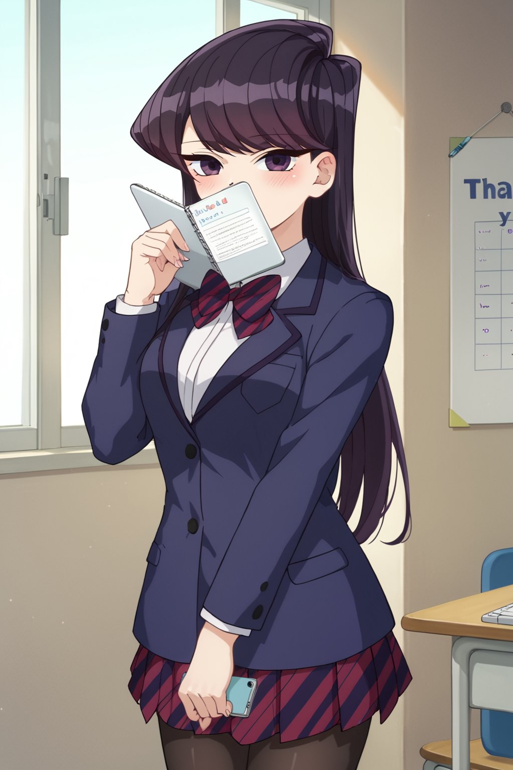 score_9, score_8_up, score_7_up, source_anime,(detailed eyes),komi shouko\,shouko komi\komi can't communicate\,1girl,cowboy shot,notebook with text as "thank you",long hair,bangs,black hair,purple eyes,striped bow tie,dark blue blazer,white shirt,long sleeves,pleated skirt,black pantyhose,blush,notebook covering mouth,red and black striped bow tie,red and black striped pleated skirt,thighband pantyhose,miniskirt,(two hands holding notebook),(open notebook),english text,hand up,(show notebook),(notebook with text as "thank you"),style_brush,