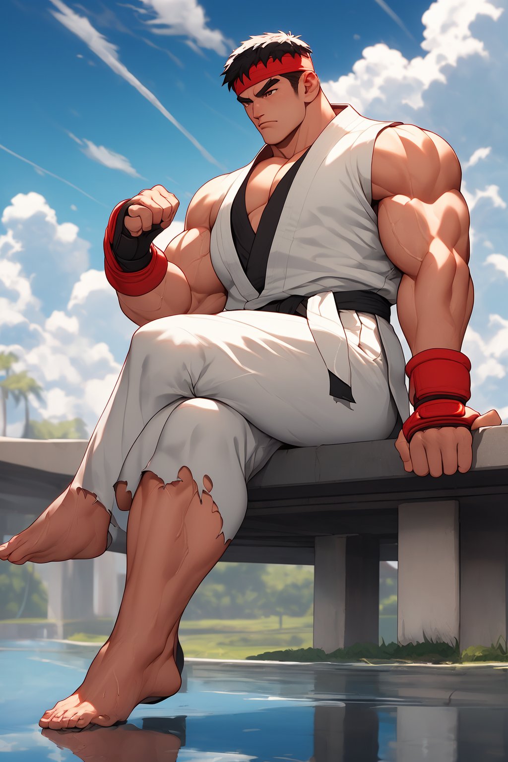 masterpiece,4K,best quality,ryu \(street fighter\),(full shot,black hair,short hair),red headband,white dougi,sleeveless,(torn clothes),white dojo pants,martial arts belt,red black fingerless gloves,muscular,water surface,reflection,sky,sitting,crossed legs,meditation,