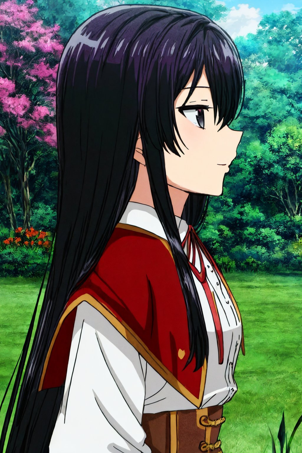 score_9, score_8_up, score_7_up, source_anime, best quality,upper body,from side,smile,elegant posture,yumielladolkness,(wariza),black hair,very long hair,hair between eyes,black eyes,expressionless,white shirt,long sleeves,frills,neck ribbon,red ribbon,(red cape),brown pleated skirt,frilled skirt,red corset,red front skirt,straight hair,grass,tree,flower,