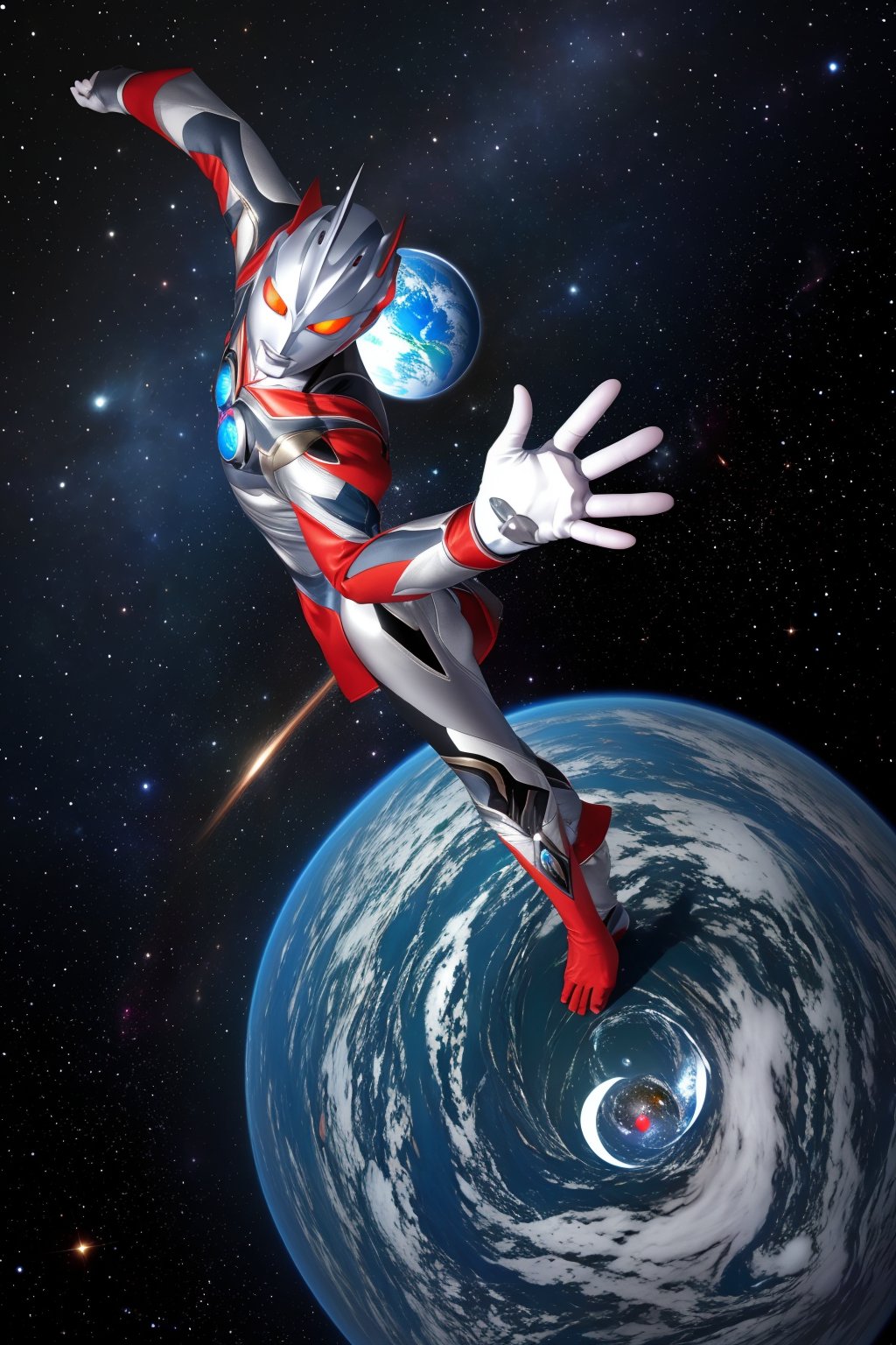 masterpiece,4K,best quality,(ultraman),(ultraman focus),(360 degrees photo to tiny planet),((from above)),360picture,((little planet)),concept art,(standing on the planet),pose,(((hold one hand high))),(make a fist),(round planet),((universe background)),star,holding a planet,((tiny planet)),red gloves,