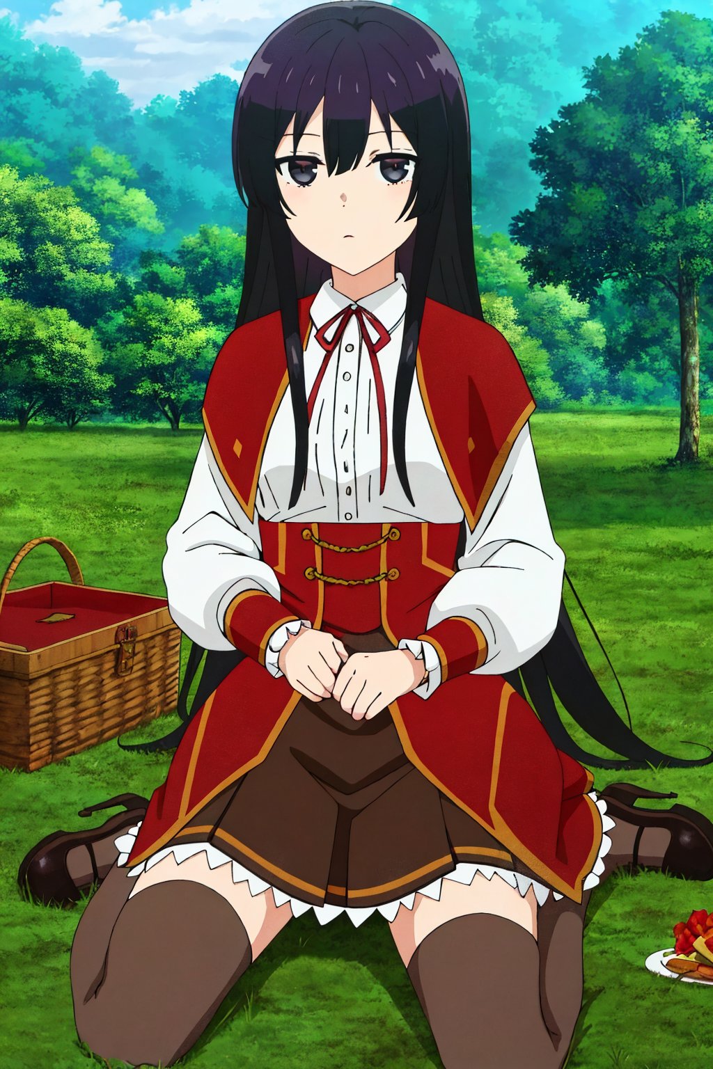 score_9, score_8_up, score_7_up, source_anime, best quality,yumielladolkness,(wariza),black hair,very long hair,hair between eyes,black eyes,expressionless,white shirt,long sleeves,frills,neck ribbon,red ribbon,(red cape),brown pleated skirt,frilled skirt,thighhighs,black footwear,mary janes,red corset,red front skirt,straight hair,grass,tree,flower,picnic,