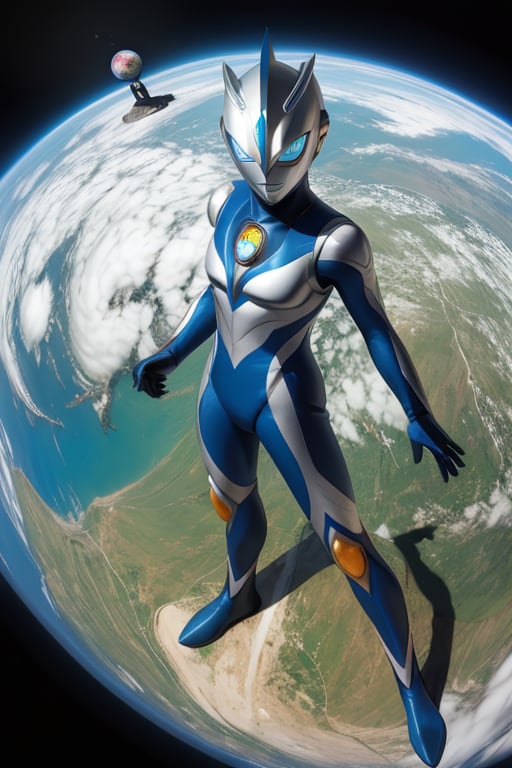 masterpiece,4K,best quality,(ultraman),(360 degrees photo to tiny planet),from above,detailed eyes,360picture,(((little planet))),concept art,standing on the planet,(appearance pose),(hold one hand high),clenched hand,round planet,