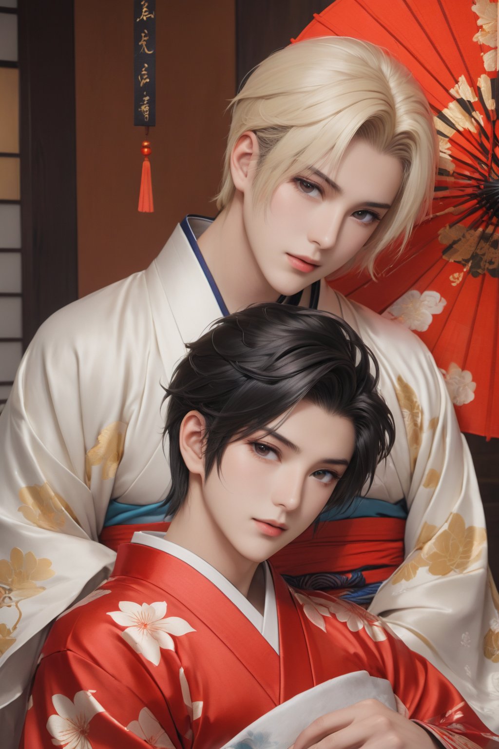 beautiful female fingers,finger length,masterpiece,visual appeal,4K,best quality,realistic,(yaoi,two people),short hair,sharp eyes,(detailed eyes),(upper body),beautiful,kimono,1 lying down,(1young boy),black hair,blond,(1mature man),indoors,(groping,bare chest),