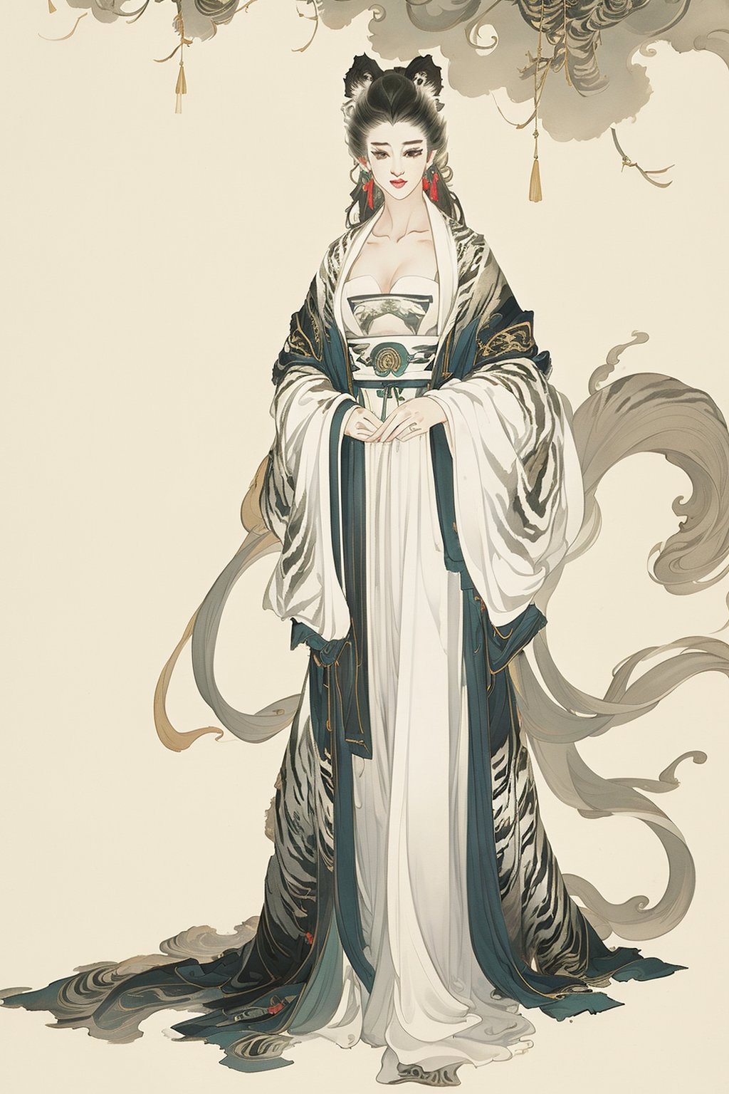 ((4k,masterpiece,best quality)),white,traditional chinese ink painting,1girl and 1white tiger,((full body)),very long hair,hanfu,maxiskit,cleavage,(chiffon),original,visual appeal,dynamic pose,((fantastic scenery)),(((white tiger))),