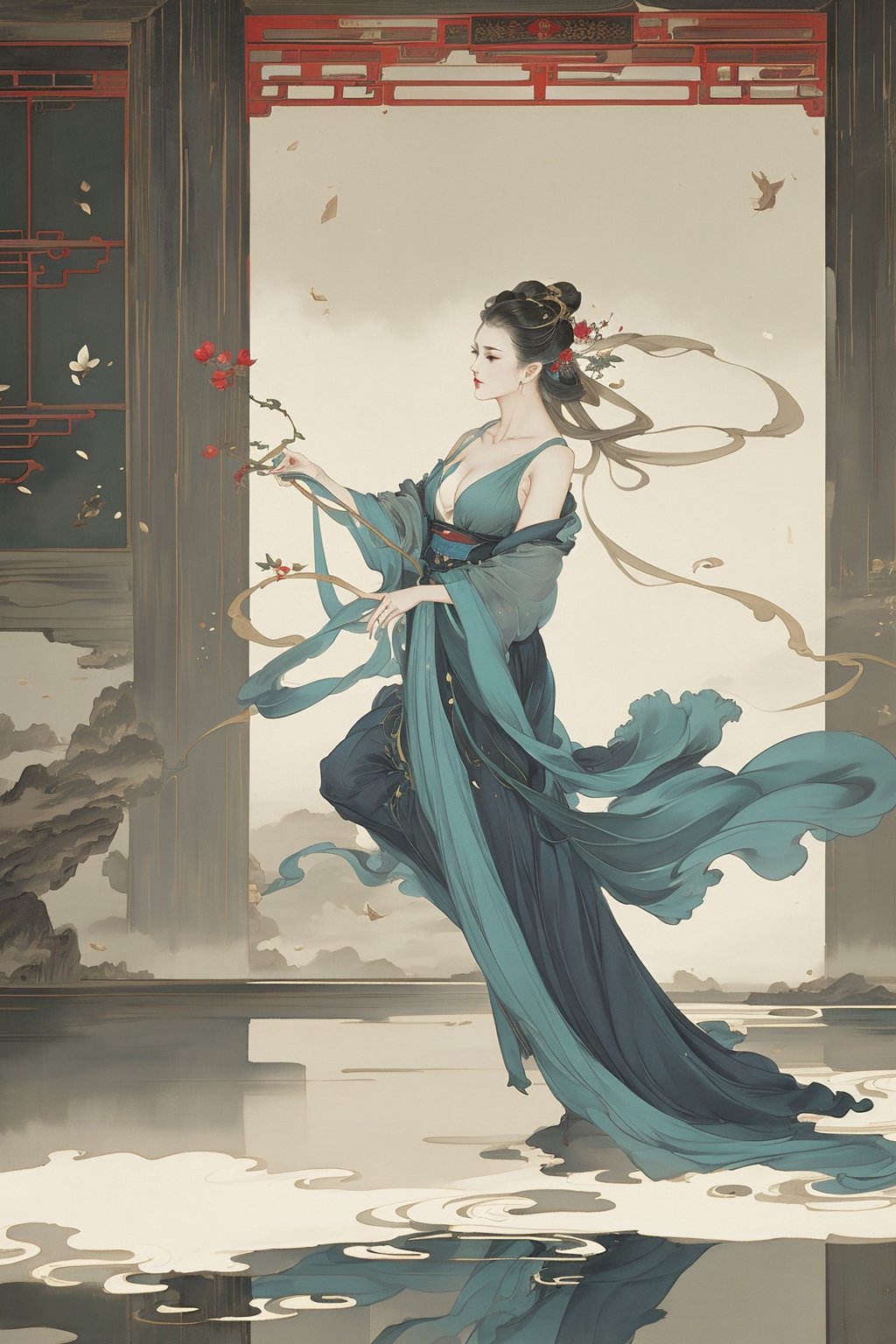 ((4k,masterpiece,best quality)),white,traditional chinese ink painting,1girl,((full body)),very long hair,hanfu,maxiskit,cleavage,((chiffon)),original,visual appeal,dynamic pose,indoors,water sleeves,dance,House of Flying Daggers\,