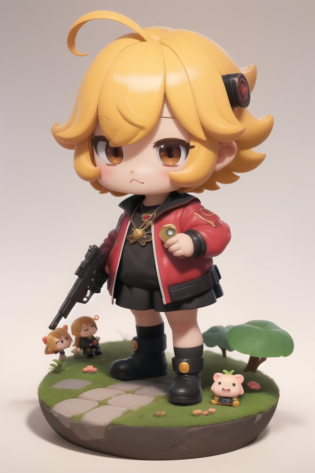 score_9,score_8_up,score_7_up, ,masterpiece,4K,best quality,a Q version character holding a huge pistol,chibi,kawaii,cute,cute expression,matte role,miniature garden,huge pistol,petite character,