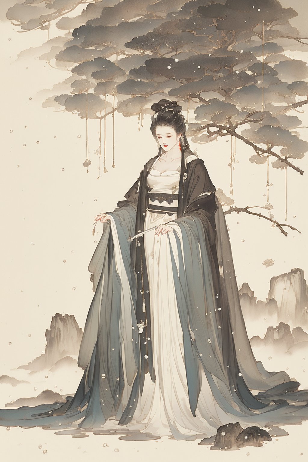 ((4k,masterpiece,best quality)),white,traditional chinese ink painting,1girl,((full body)),very long hair,hanfu,maxiskit,cleavage,((chiffon)),original,visual appeal,elegant posture,scenery,((snow scene)),(((ultimate details))),