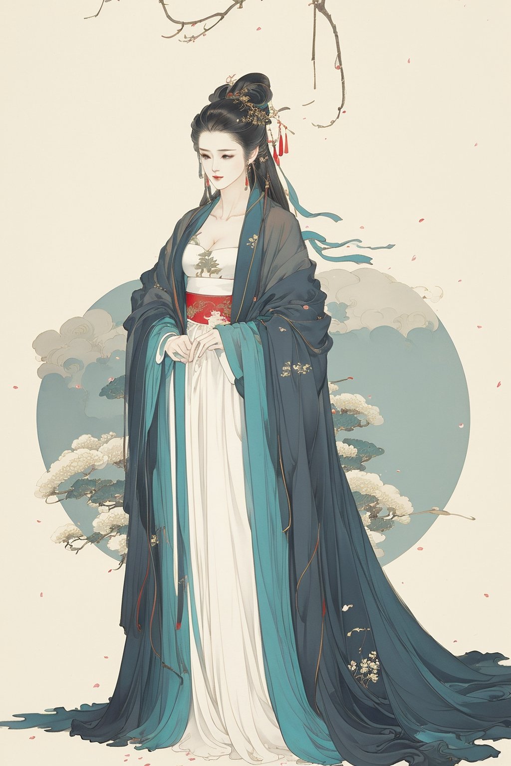 ((4k,masterpiece,best quality)),white,traditional chinese ink painting,1girl,((full body)),very long hair,hanfu,maxiskit,cleavage,((chiffon)),original,visual appeal,elegant posture,snow scene,((detailed filling)),