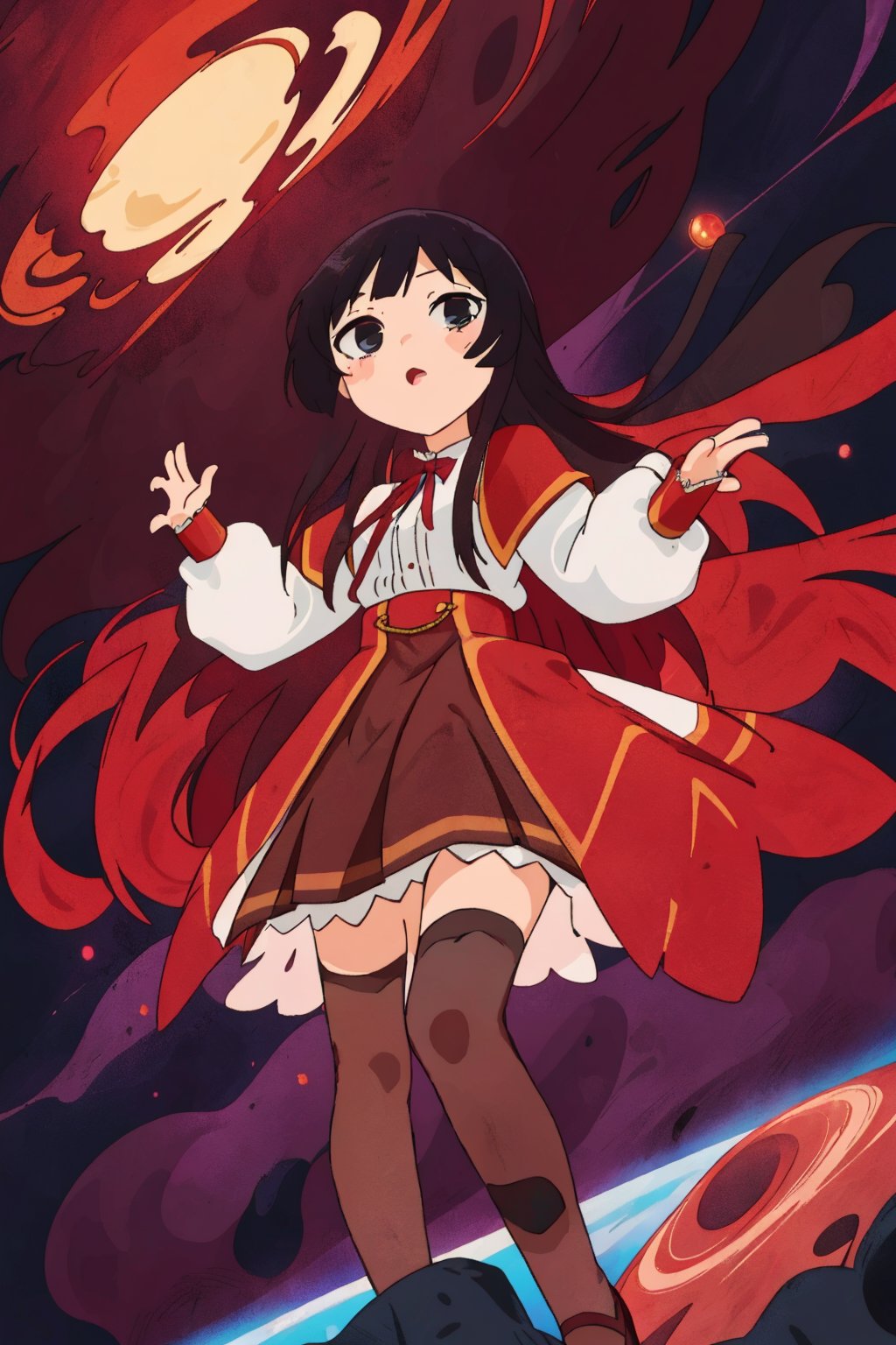 score_9, score_8_up, score_7_up, source_anime, (from below),yumielladolkness,black hair,very long hair,black eyes,red cape,brown pleated skirt,thighhighs,mary janes,red front skirt,chibi,school,simple style,(hands raised,black hole),