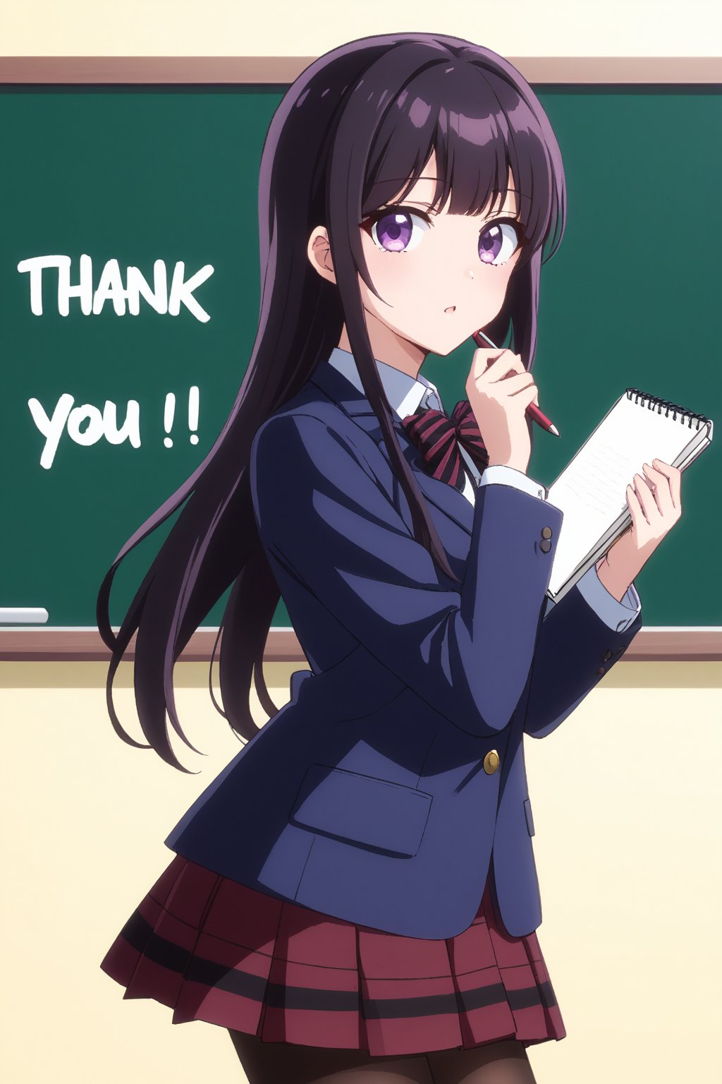 score_9, score_8_up, score_7_up, source_anime,(detailed eyes),Shouko Komi,1girl,(holding notebook),((notebook with text as "thank you")),(open notebook),(show notebook),(hands up),english text,long hair,bangs,black hair,purple eyes,blazer,blush,red and black striped bow tie,red and black striped pleated skirt,thighband pantyhose,style_brush,(notebook focus),(eyes highlights),blackboard,