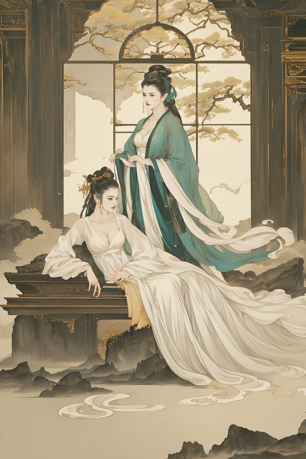 ((4k,masterpiece,best quality)),white,traditional chinese ink painting,1girl,((full body)),very long hair,hanfu,maxiskit,cleavage,((chiffon)),original,enchanting radiance,visual appeal,dynamic pose,((scenery,architecture,dreamlike)),indoors,lying,window,ancient chaise longue,