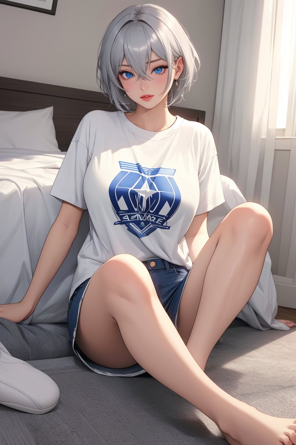 1girl,large breasts,short hair,blue eyes,bangs,lips,grey hair,hair between eyes,wide t-shirt,boyfriend style,short sleeves,barefoot,only wear t-shirt,holding,gamepad,holding gamepad,sitting,crossed legs,sitting on the floor,white t-shirt,too big clothes,loose,underwear,no pants,bedroom,much bigger clothes,