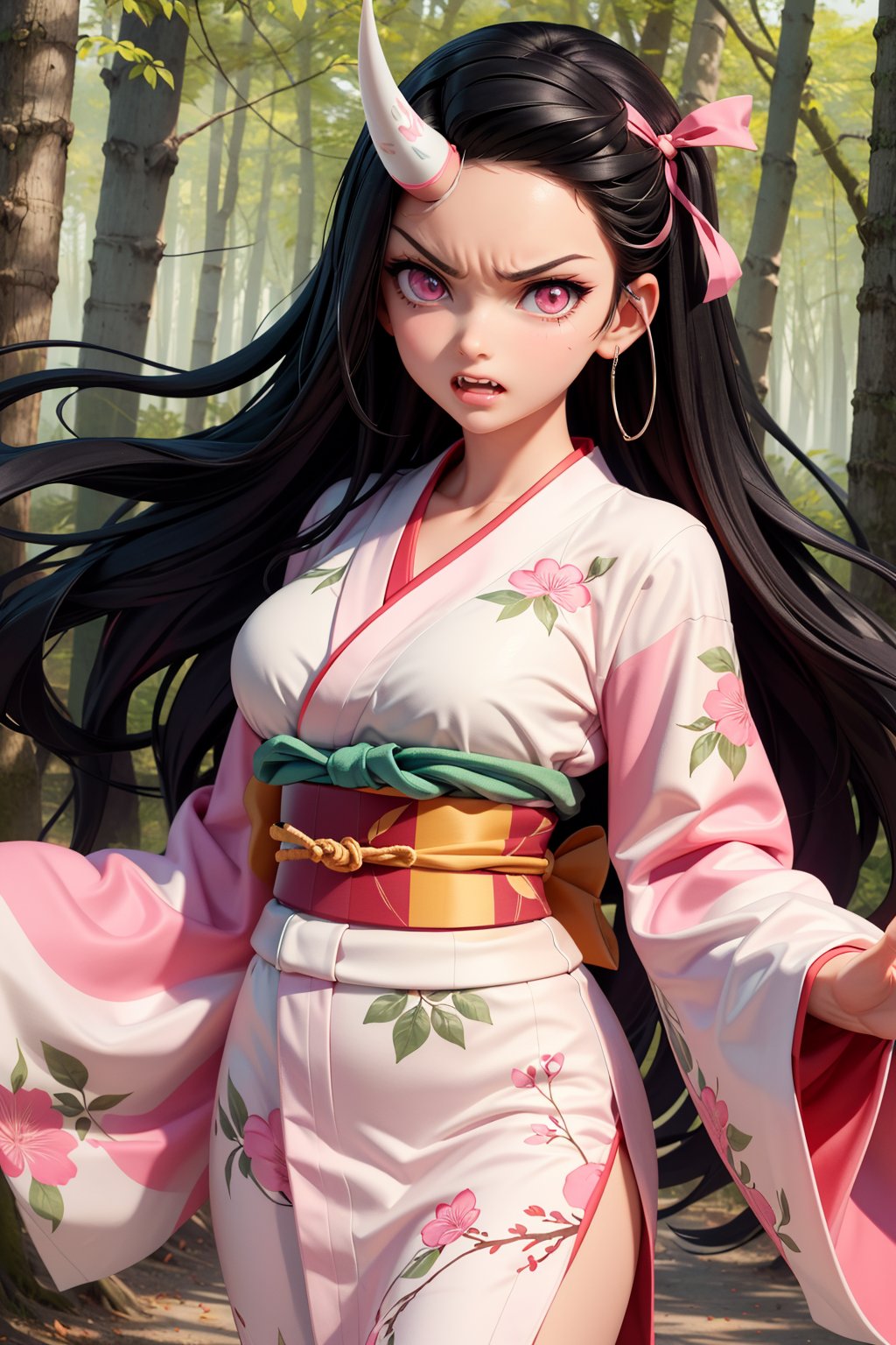 1girl,(huge muscle,muscular),nezuko kamado,single horn,angry,fang,clenched teeth,black hair, forehead,hair ribbon, long hair, multicolored hair, pink eyes, orange hair, slit pupils, wavy hair, two-tone hair, asa no ha (pattern), checkered sash, haori, japanese clothes, kimono, long sleeves, obi, pink kimono, sash, wide sleeves,forest,dynamic angle,dynamic pose,extremely excellent composition,visual appeal,pointed nails,