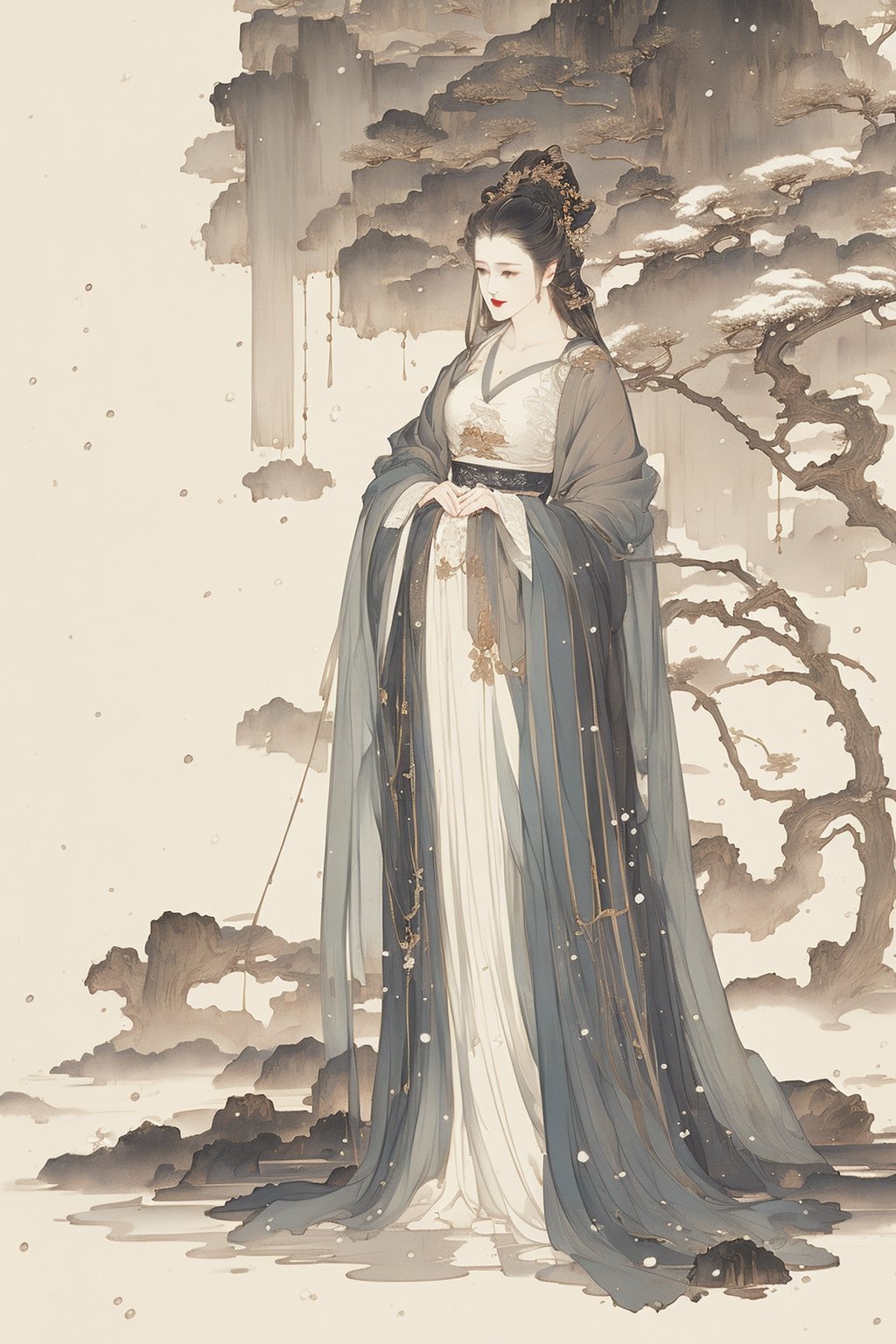 ((4k,masterpiece,best quality)),white,traditional chinese ink painting,1girl,((full body)),very long hair,hanfu,maxiskit,cleavage,((chiffon)),original,visual appeal,elegant posture,scenery,((snow scene)),(((intricate details))),