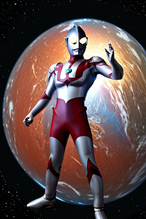 masterpiece,4K,best quality,(ultraman),(360 degrees photo to tiny planet),from above,detailed eyes,360picture,(((little planet))),concept art,standing on the planet,(appearance pose),(hold one hand high),clenched hand,round planet,