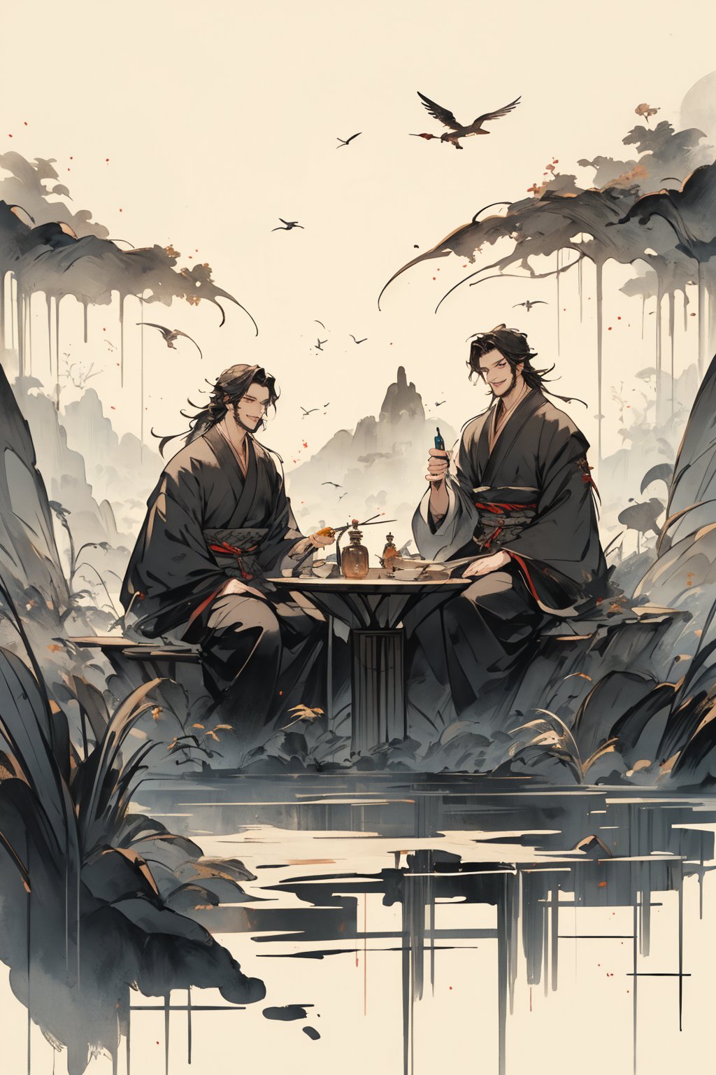 two people,two man,multiple man,(scenery:1.2),beautiful man,beautiful detailed face,extremely detailed eyes,extremely excellent composition,visual appeal,ink style,aethetic,8k Ultra HD,straw sandals,unrestrained,wild,unfettered,drinking buddy,flagon,cheers,laugh heartily,