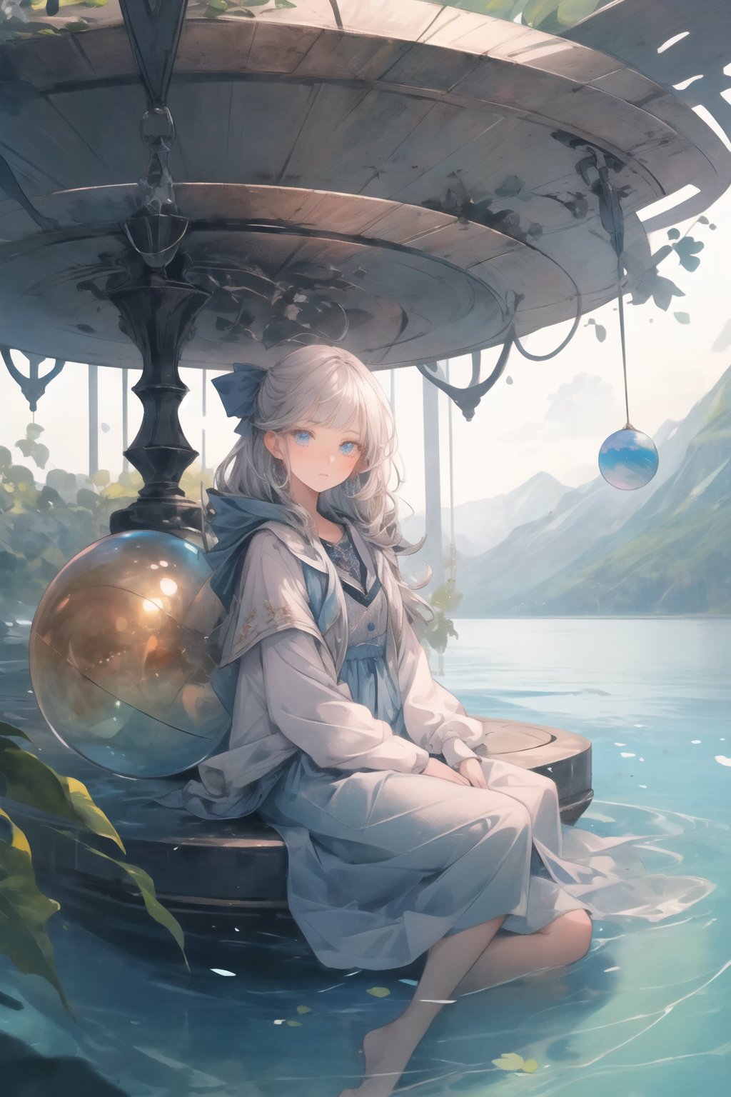 calm water scene,(masterpiece,4K,best quality,detailed eyes,detailed face),concept art,1girl,wariza,(a suspended sphere),half the size of the picture,full sphere,((with a girl sitting on it)),