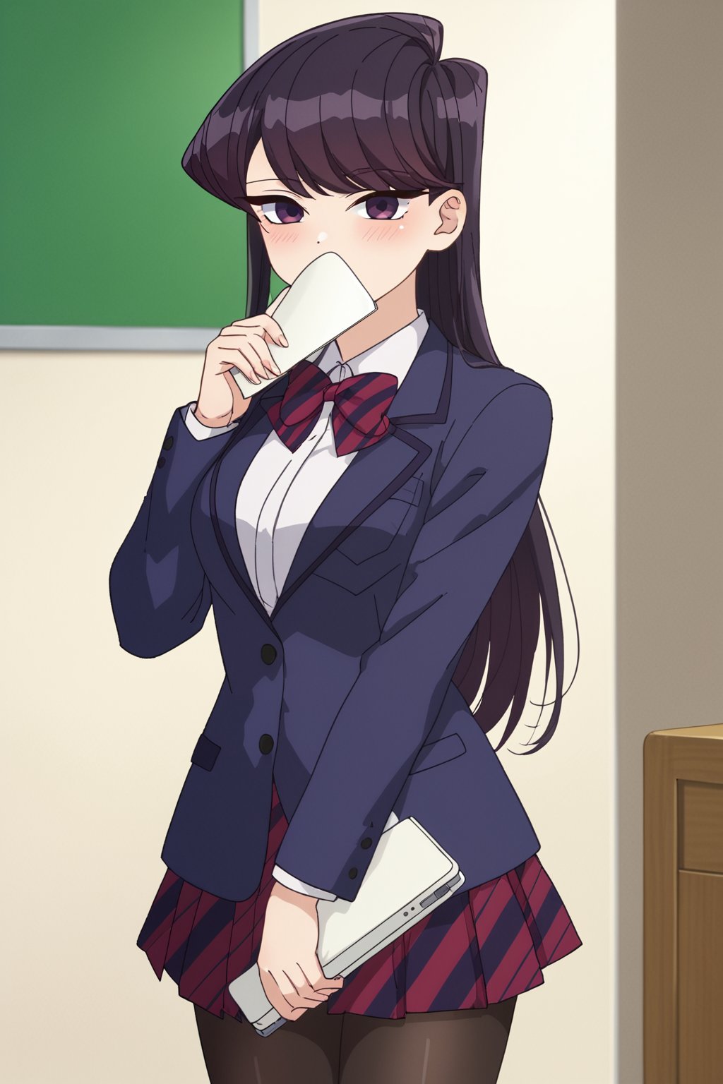 score_9, score_8_up, score_7_up, source_anime,(detailed eyes),komi shouko\,shouko komi\komi can't communicate\,1girl,cowboy shot,long hair,bangs,black hair,purple eyes,striped bow tie,dark blue blazer,white shirt,long sleeves,pleated skirt,black pantyhose,blush,notebook covering mouth,red and black striped bow tie,red and black striped pleated skirt,thighband pantyhose,miniskirt,((hands) holding notebook),(open notebook),english text,hand up,(show notebook),((notebook with text as "thank you")),style_brush,