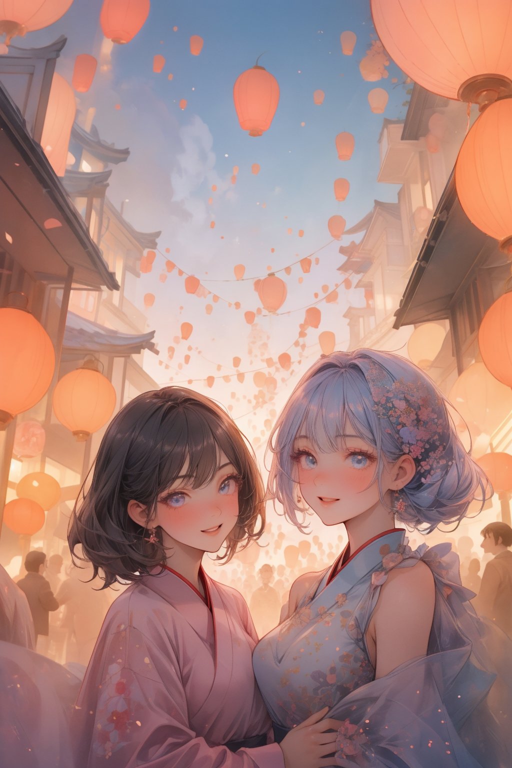 (masterpiece,best quality,4K),sky lantern,(2 girls),multiple people,visual appeal,expressiveh,volumetric light,east asian architecture,multiple sky lanterns,densely packed,laughter and joy,grinning,extremely detailed face,extremely detailed eyes,huafu,