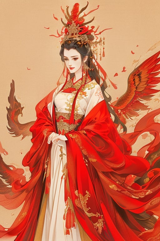 ((4K,masterpiece,best quality)),hanfu,Chinese bride wedding dress,phoenix crown,red theme,(base color: red),